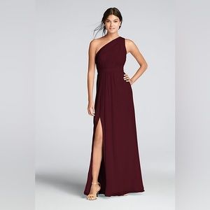 David’s Bridal Long One Shoulder Crinkle Chiffon Dress in Wine
